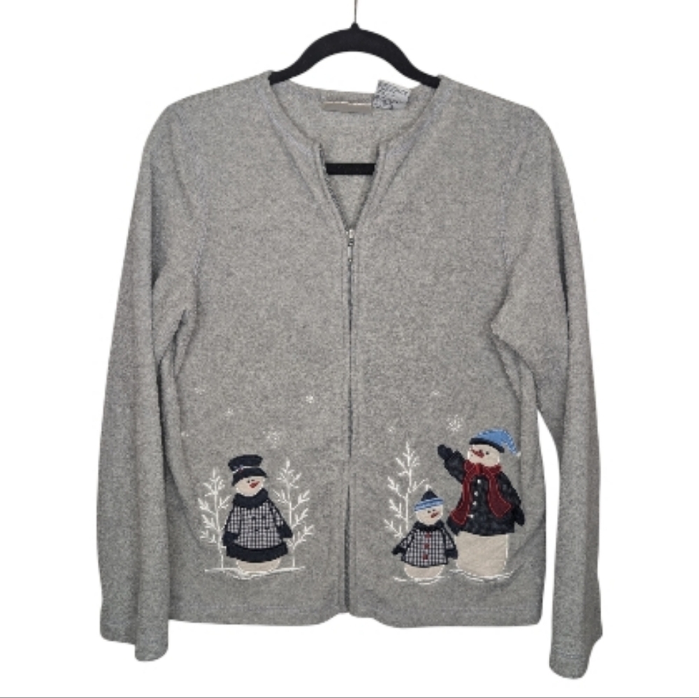 Vintage Womens Small Grey Zip Up Fleece Snowman Embroidered Winter Sweater